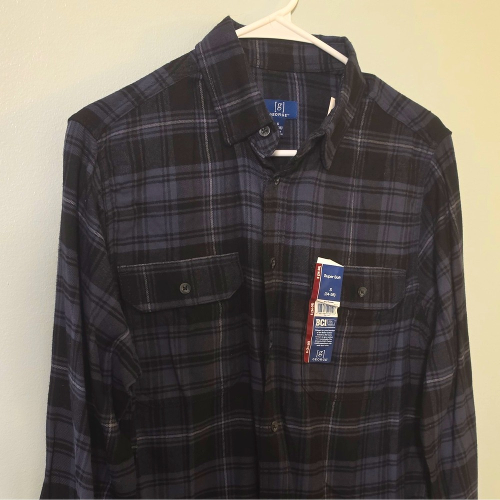 George Men's Plaid Flannel Long Sleeve Button-Up Shirt Pockets S Blue/Black #147